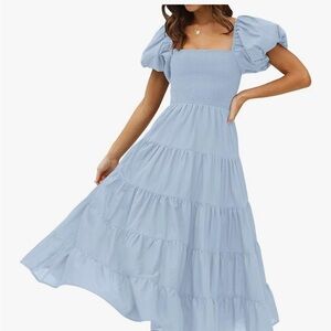 ZESICA Summer Square Neck Short Puff Sleeve A Line Tiered Midi - Sky Blue